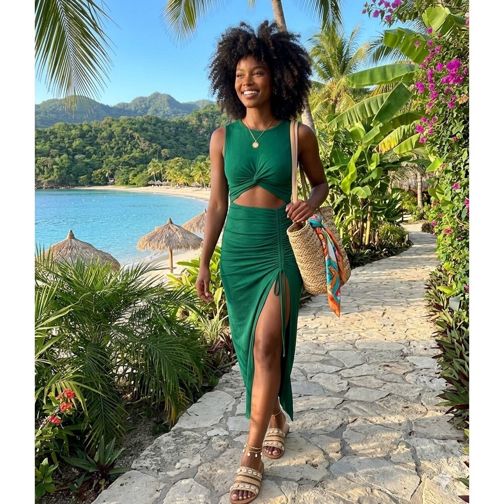 Sz Sm HALARA Green Round Neck Cut Out Ruched Drawstring Hem Bodycon Maxi Dress - Picture 2 of 8